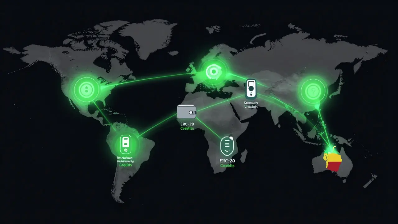 Global map with glowing links between Australia, Germany, and Colombia showing blockchain energy credit flows.