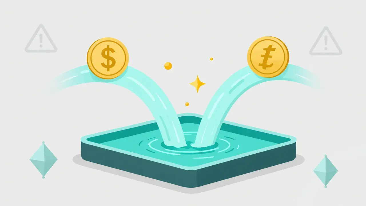 Liquidity pool with USDC and ETH tokens feeding into a decentralized exchange, with trading fees rising as particles.