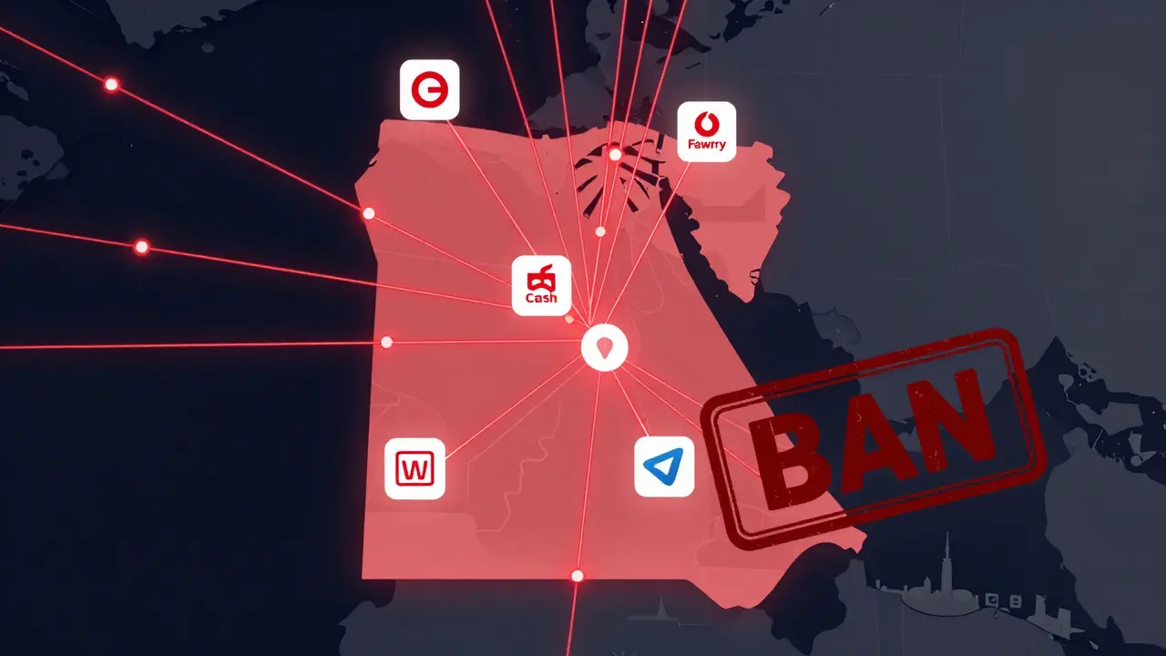 Map of Egypt with glowing crypto transaction routes and a ban stamp overlay.