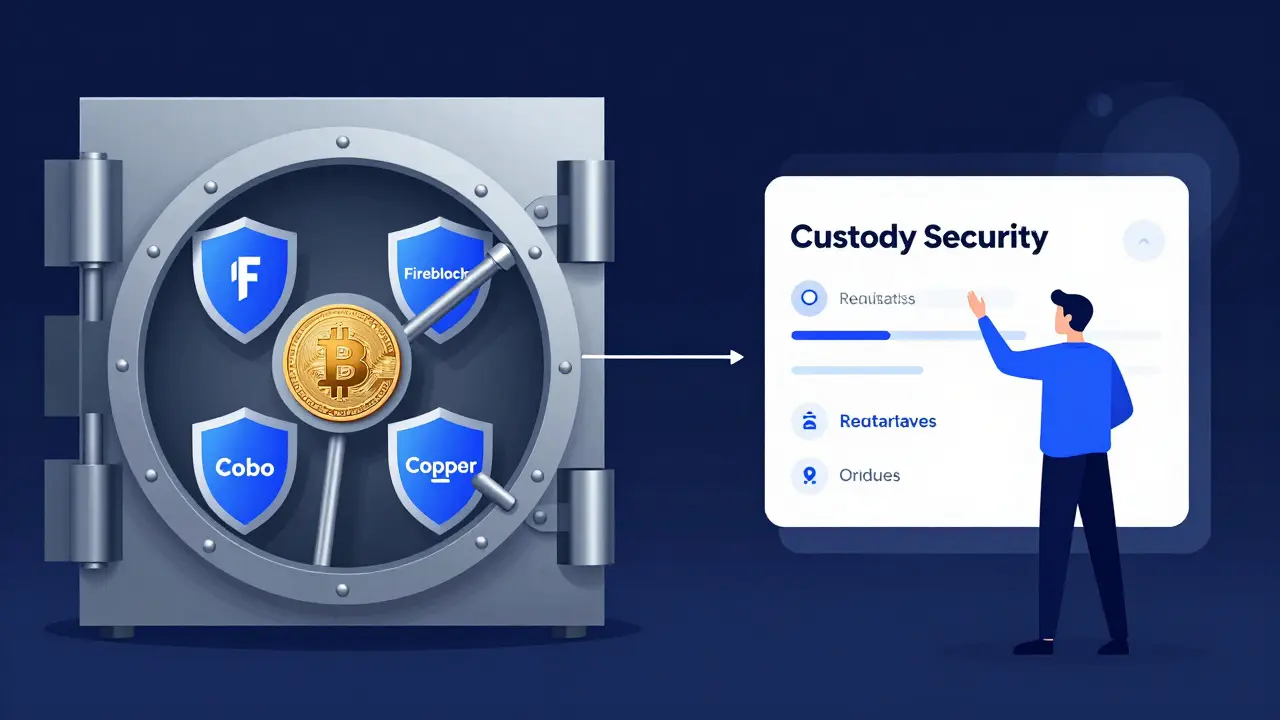 Secure custody system with institutional custodians protecting crypto assets while a trader places a derivatives order.