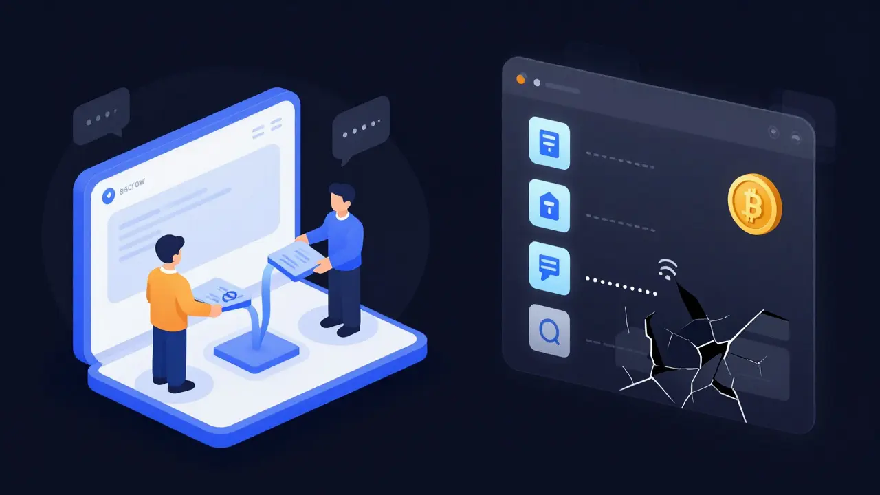 Split view: a functional escrow platform on one side, an abandoned interface on the other.