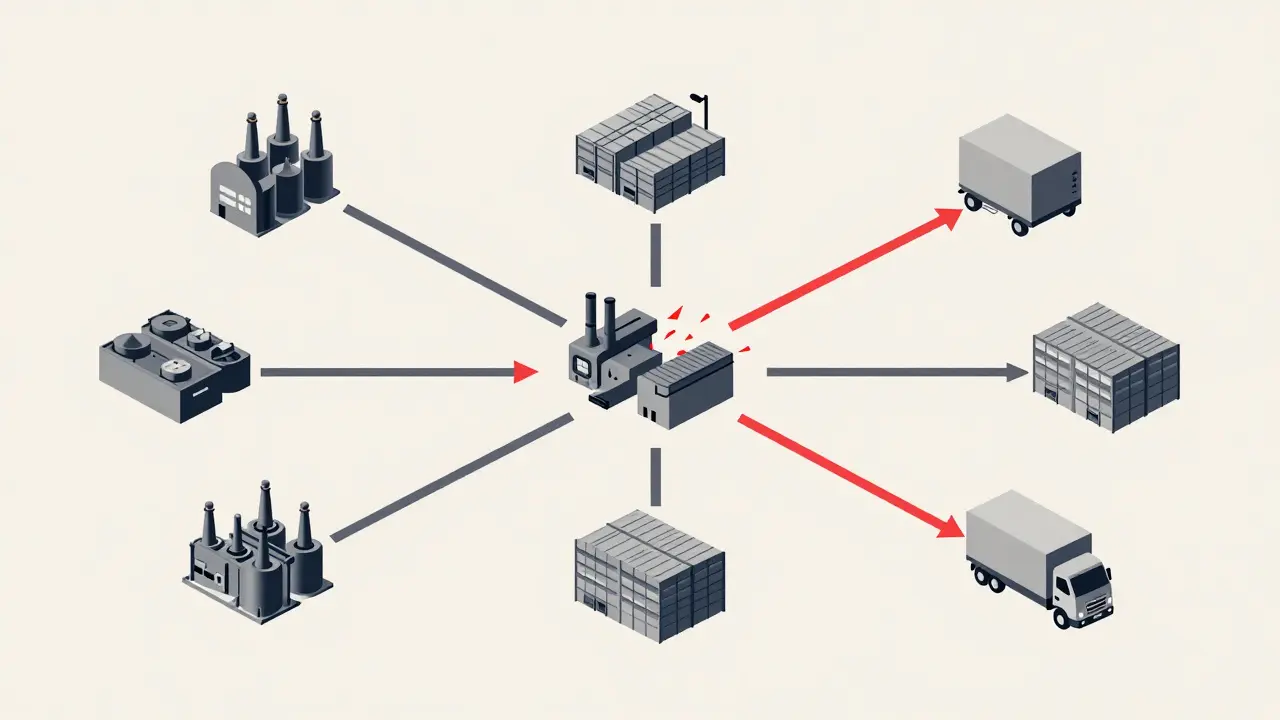Supply chain network with broken connections indicating integration challenges