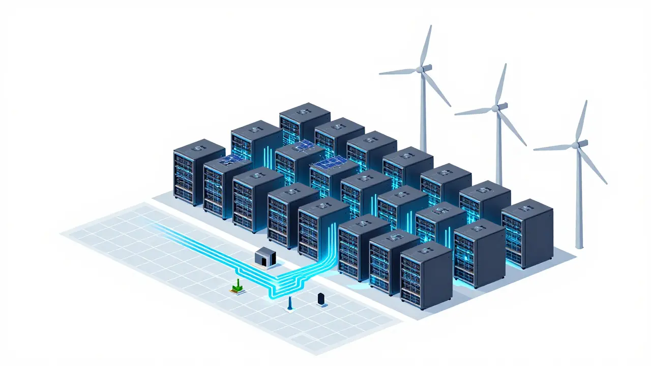 Texas Bitcoin mining facility powered by wind turbines and solar panels.