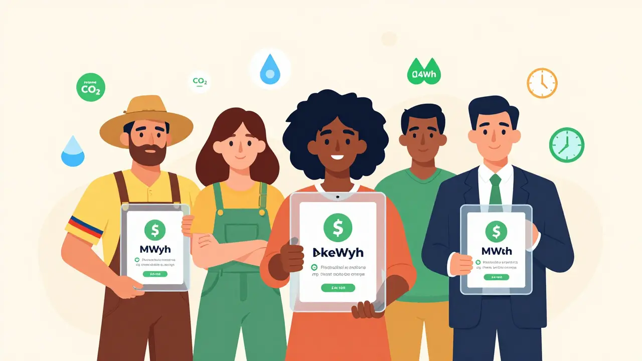 Three people from different countries viewing identical blockchain energy transaction confirmations on tablets.