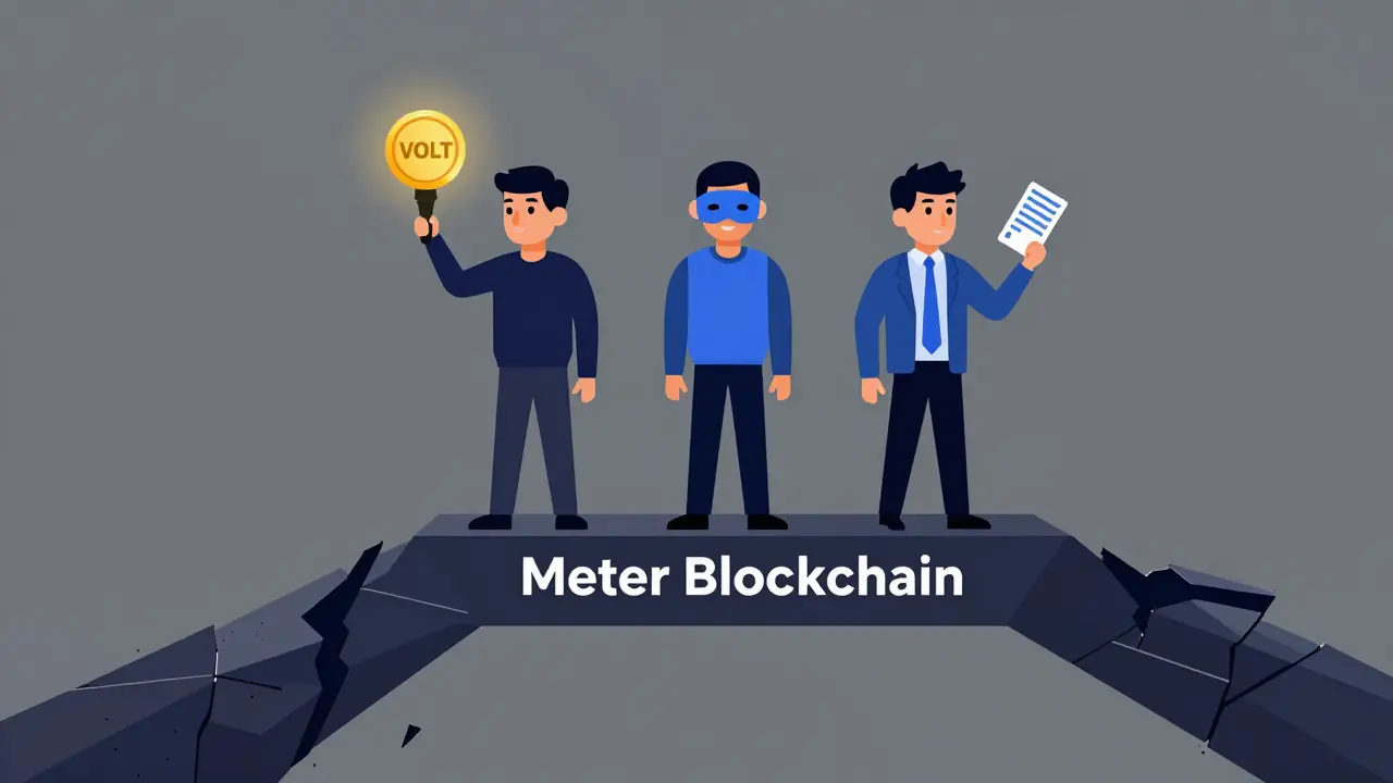Three users on a crumbling bridge labeled Meter Blockchain, representing adopters, privacy seekers, and speculators.