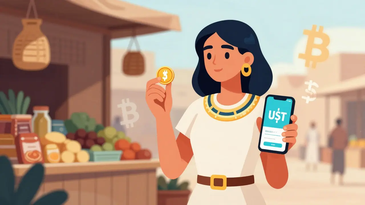 Woman in Upper Egypt trading crypto for gold and groceries at a local market.