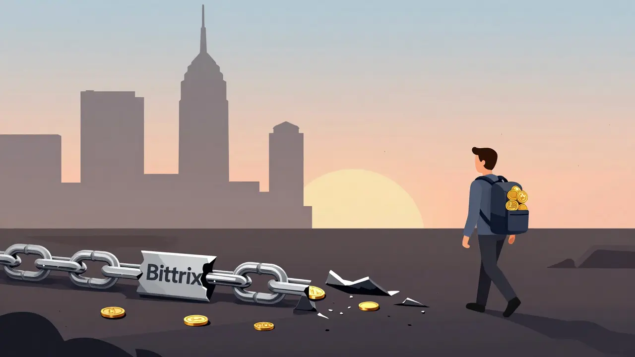 A broken Bittrex chain on a digital wasteland as a user walks away with their coins.