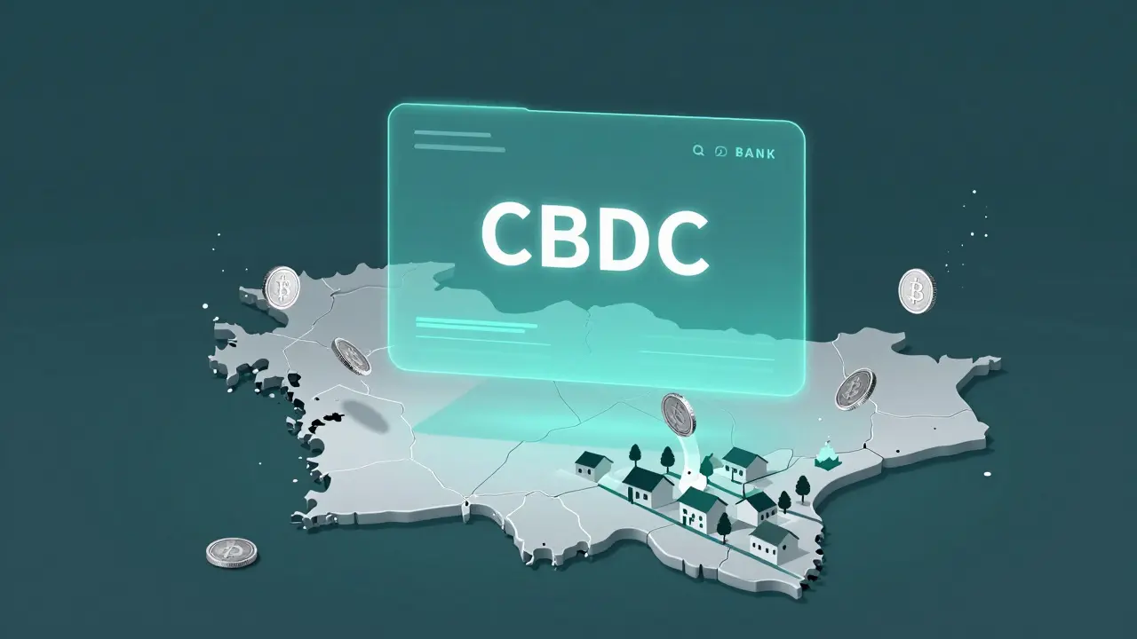 A central bank digital currency flows into villages, while crypto coins dissolve at the border.