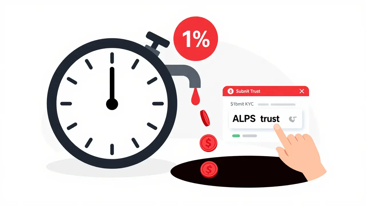 A clock draining crypto funds with a 1% fee, while a user submits KYC documents on a portal.