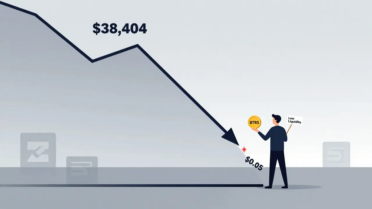 A collapsing price graph from ,404 to <h2>Who’s behind it</h2>.05 with a lone user standing on a barren digital landscape.