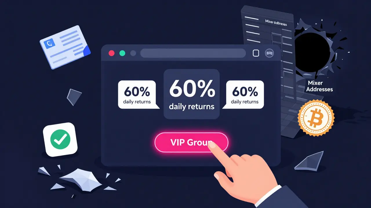 A deceptive trading dashboard with fake promises, vanishing blockchain, and shattered trust elements.