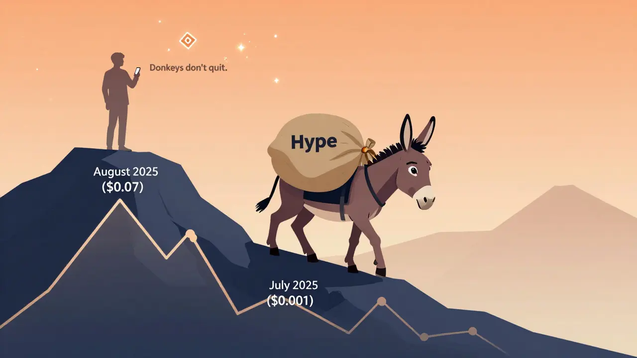 A determined donkey carrying a sack labeled 'Hype' up a volatile crypto chart mountain, with a distant figure holding a smartphone watching.