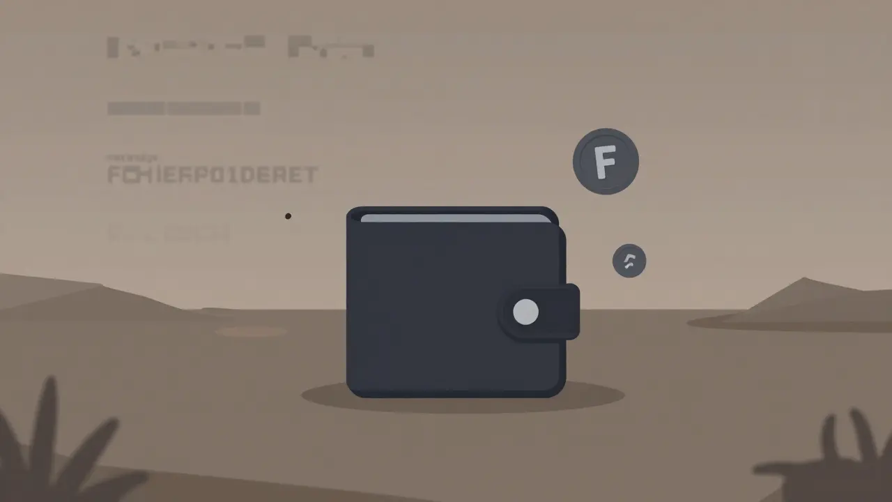 A lone wallet surrounded by worthless tokens in a desolate digital landscape.