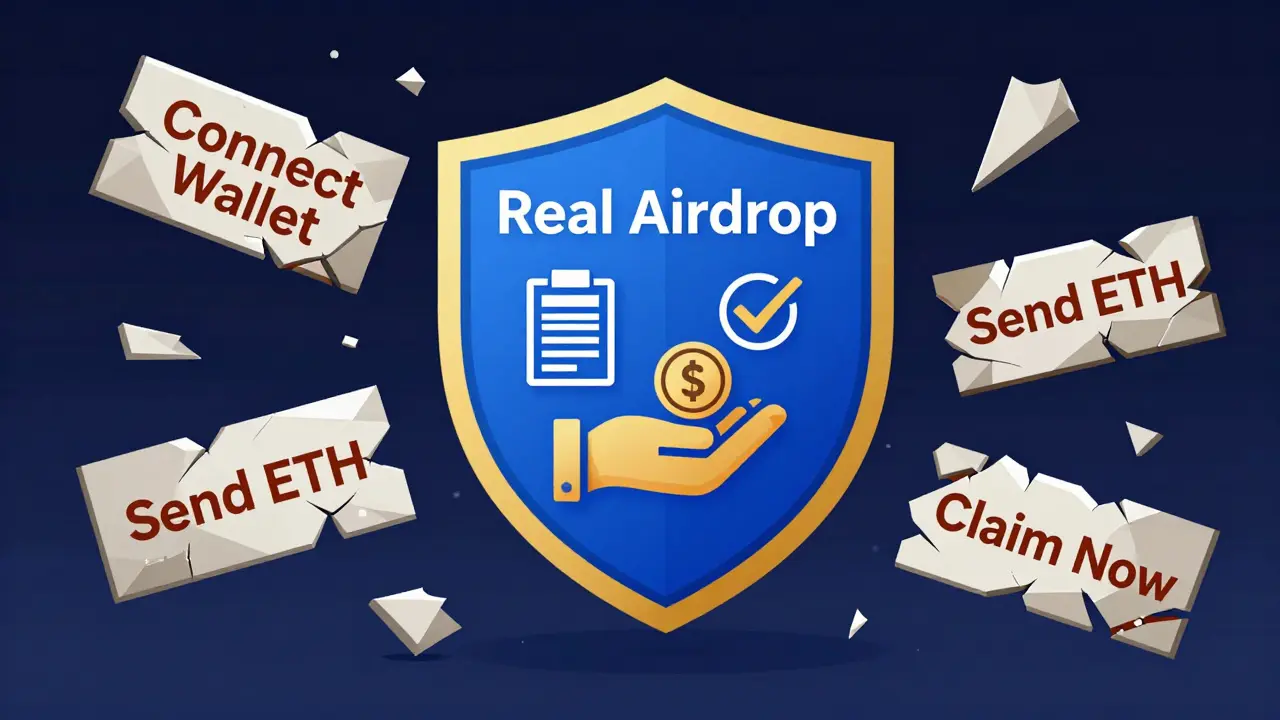 A shield badge representing a real airdrop surrounded by crumbling fake claims like 'Connect Wallet' and 'xSuter'.