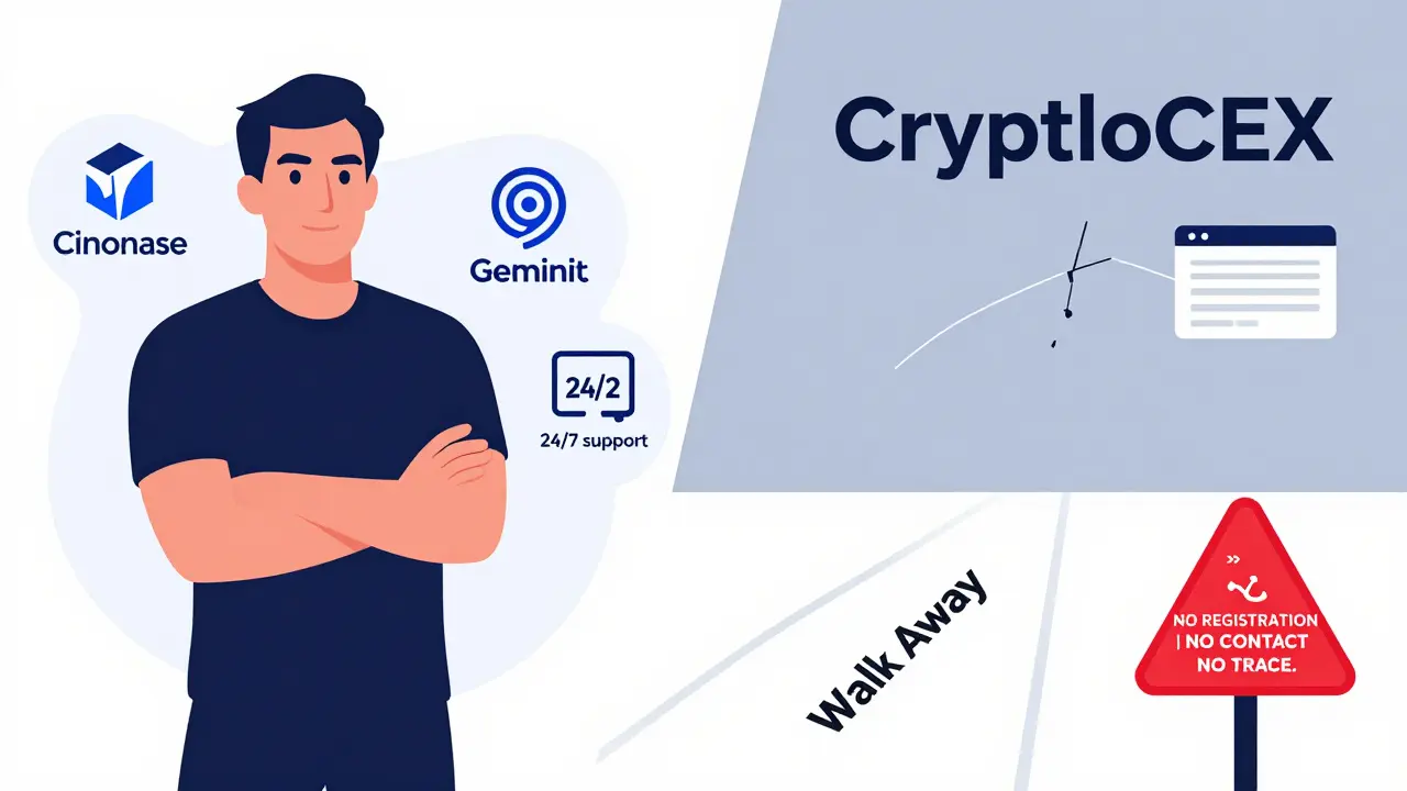 A split view: trusted exchanges with clear features versus an empty void labeled CryptloCEX with warning signs.