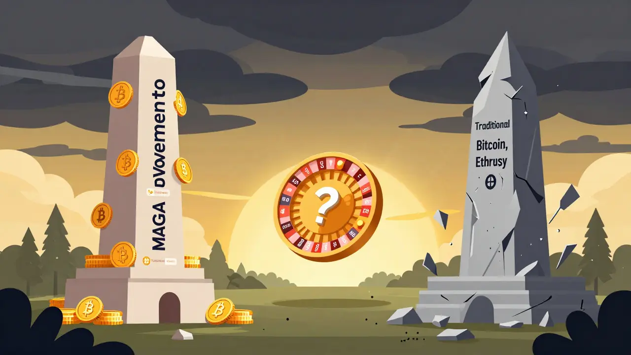 A symbolic battle between political crypto hype and traditional blockchain, centered on a spinning $TRUMP coin