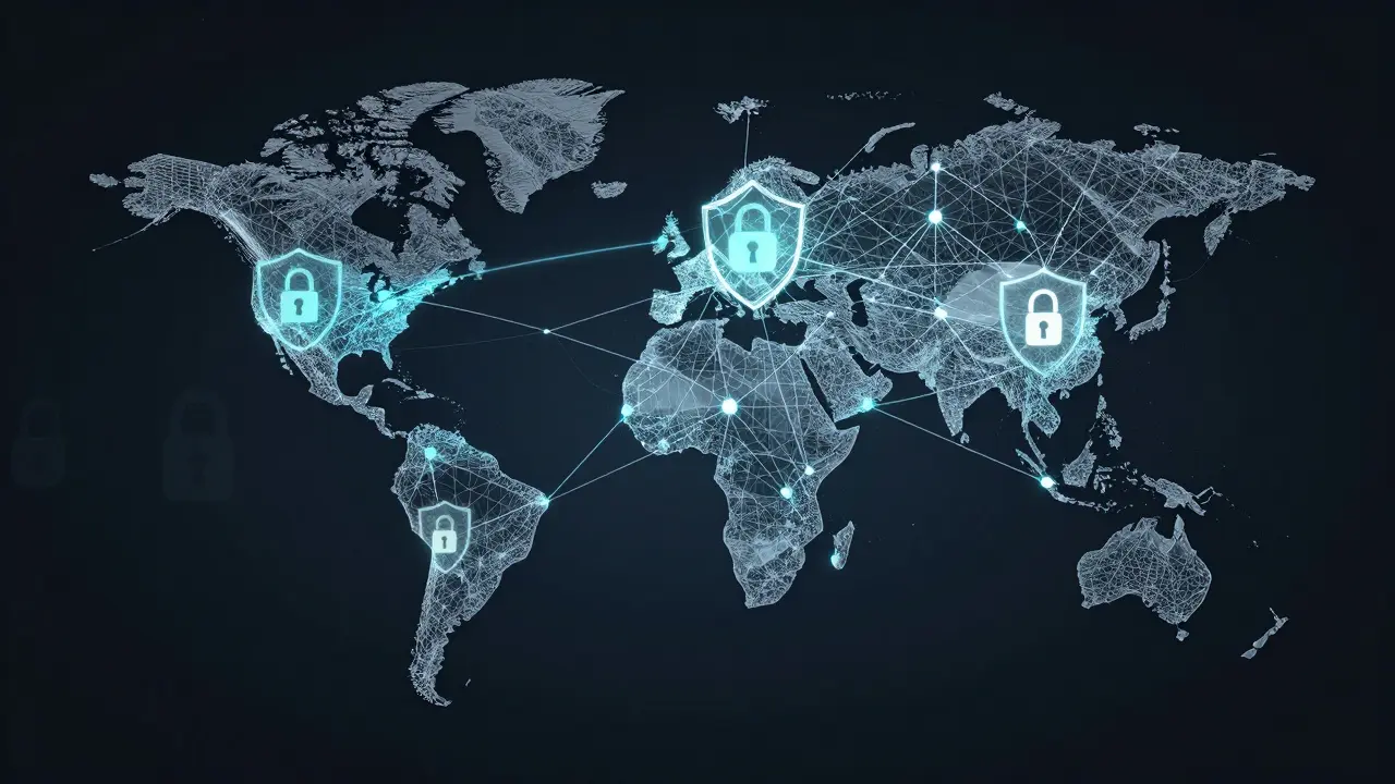 Clean vector art depicting a global network of nodes connected by secure lines symbolizing trust.