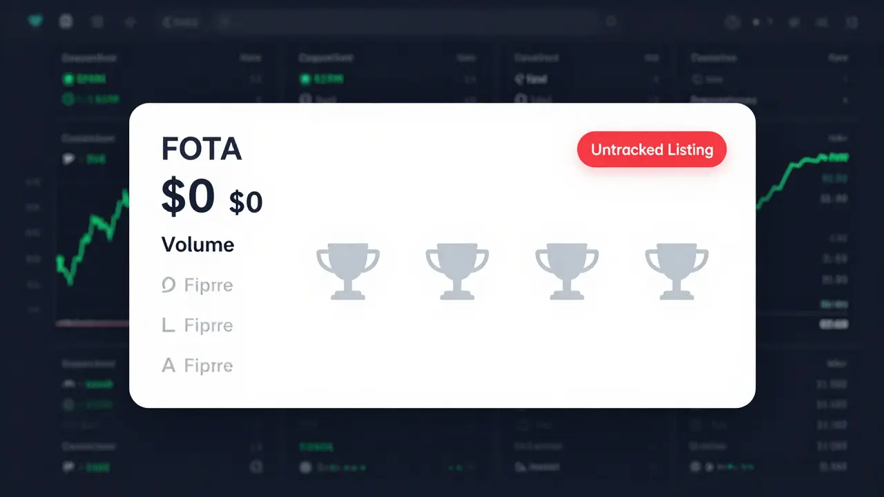 CoinMarketCap dashboard showing FOTA token with <h2>Why This Matters: Airdrops Are Not Free Money</h2> price and <h2>Why This Matters: Airdrops Are Not Free Money</h2> volume, labeled 'Untracked Listing' among active tokens.