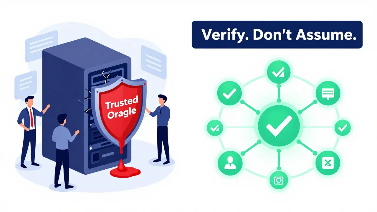 Contrast between a vulnerable centralized Oracle server and a secure decentralized oracle network.