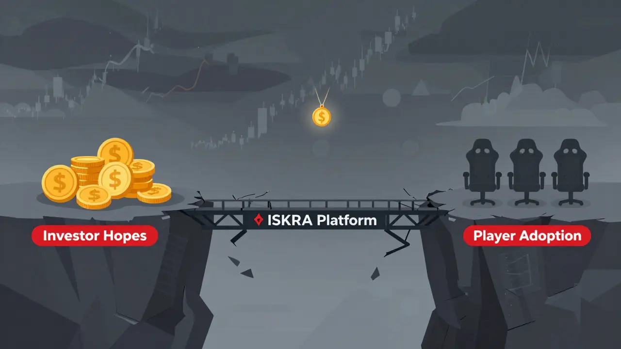 Crumbling digital bridge between investor hopes and player adoption with falling price graphs
