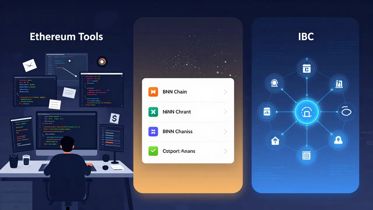 Developer workspace with Ethereum tools active, BNB Chain fading, Cosmos modular interface glowing with IBC connections.