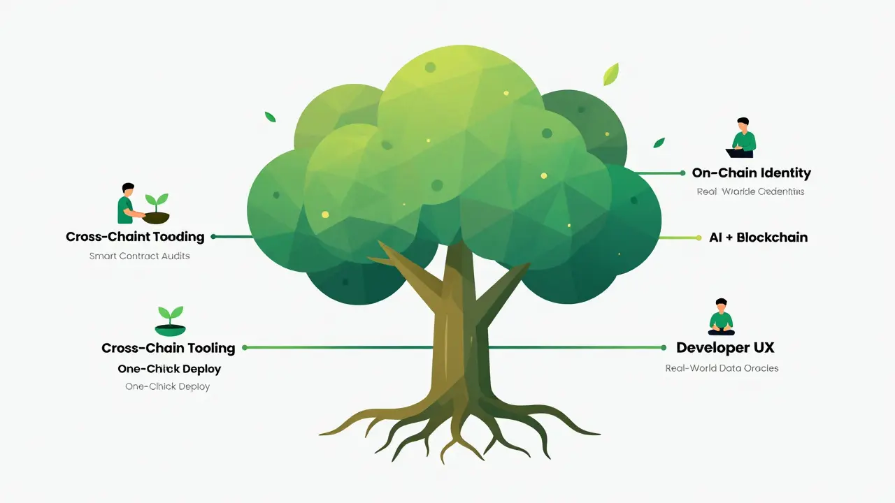 Evolving tree with infrastructure funding roots and innovation branches representing next-gen blockchain developer priorities.