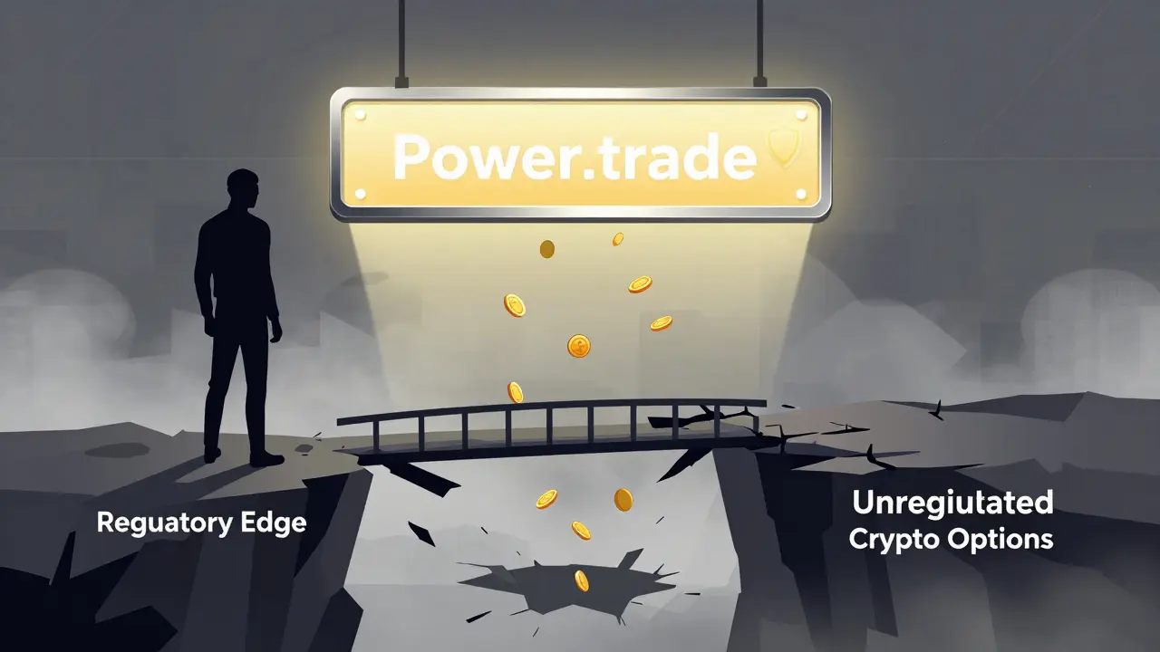 Figure on cliff overlooking regulatory risk, with PowerTrade logo glowing above a crumbling bridge.