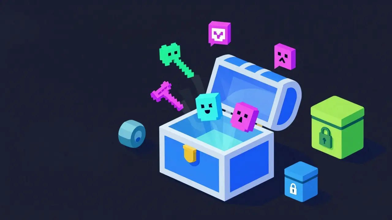 Floating gaming characters and vault icons in holographic interface