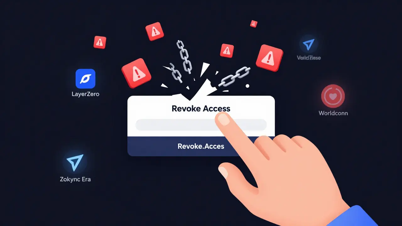 Hand revoking wallet access as scam icons vanish, while legitimate airdrop projects glow in background.