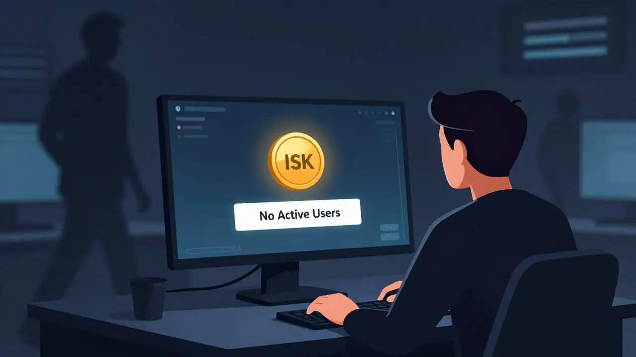 Lone gamer facing a dead blockchain game interface with a faintly glowing ISK token