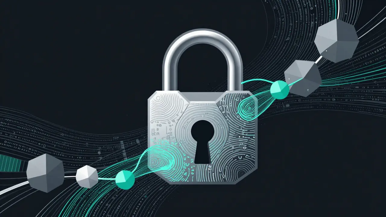 Modern vector graphic showing abstract data streams merging into a secure geometric lock structure.