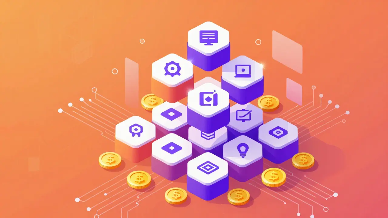 Modular hexagon shapes assembling into a digital organization structure.