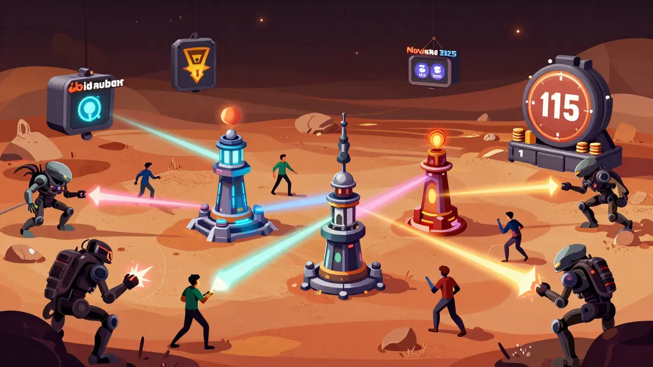Multiplayer Mars battle with coordinated tower defenses, glowing energy beams, and floating NFT marketplace.