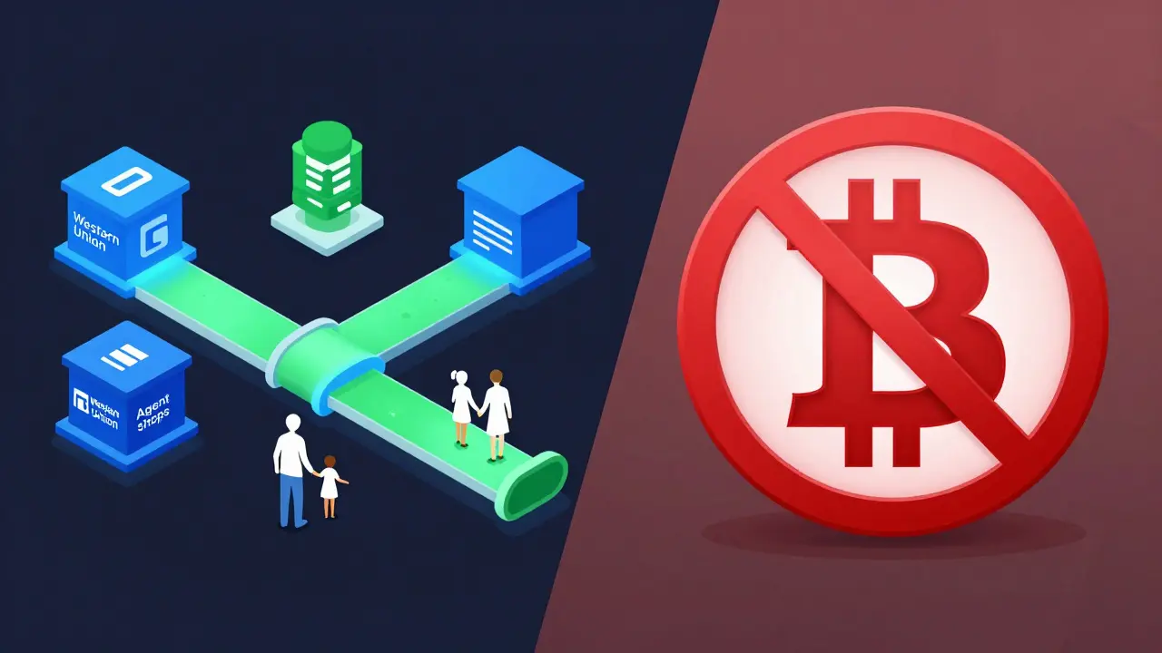 Official remittance channels form a secure pipeline to a family, while crypto is blocked by a prohibition sign.