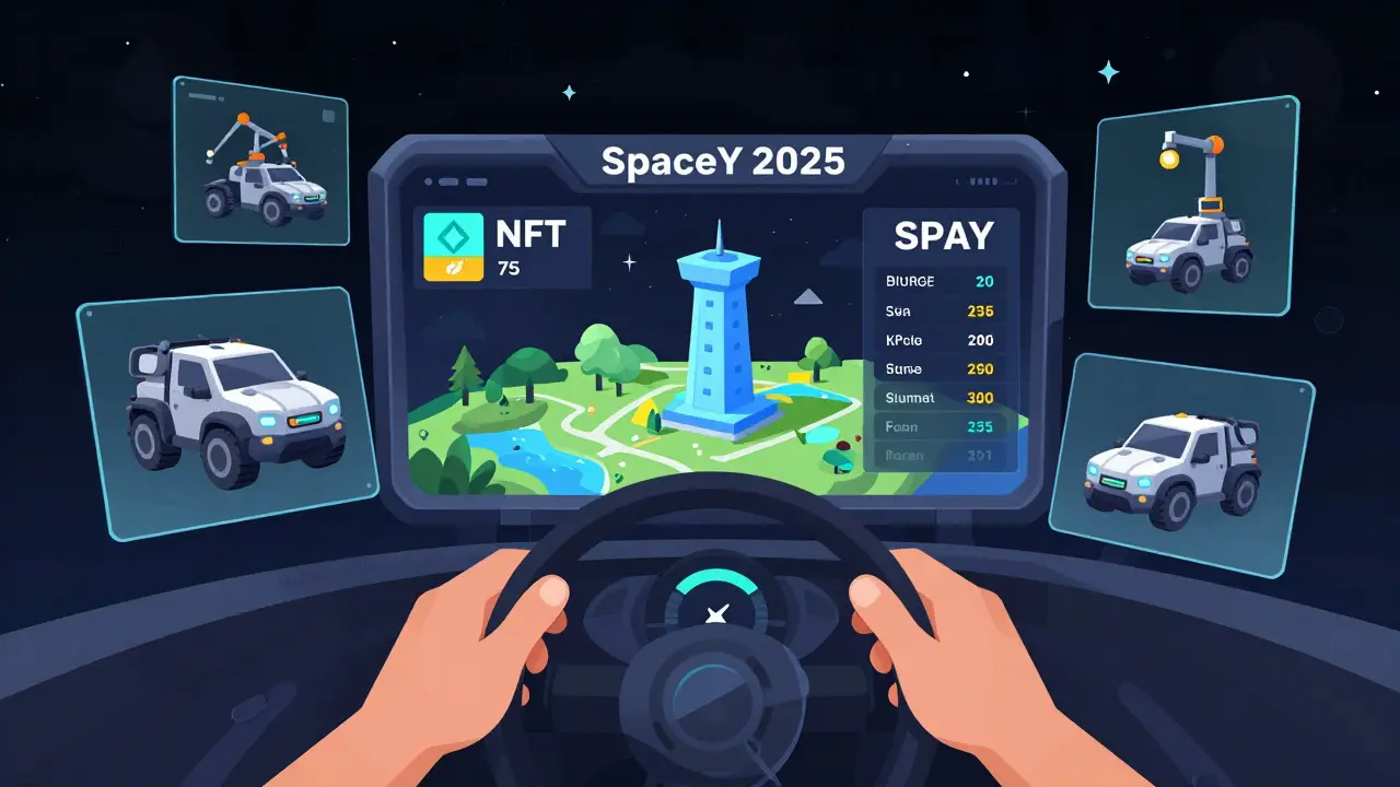 Player dashboard in SpaceY 2025 showing NFT land, tower upgrades, and SPAY token earnings with holographic interfaces.