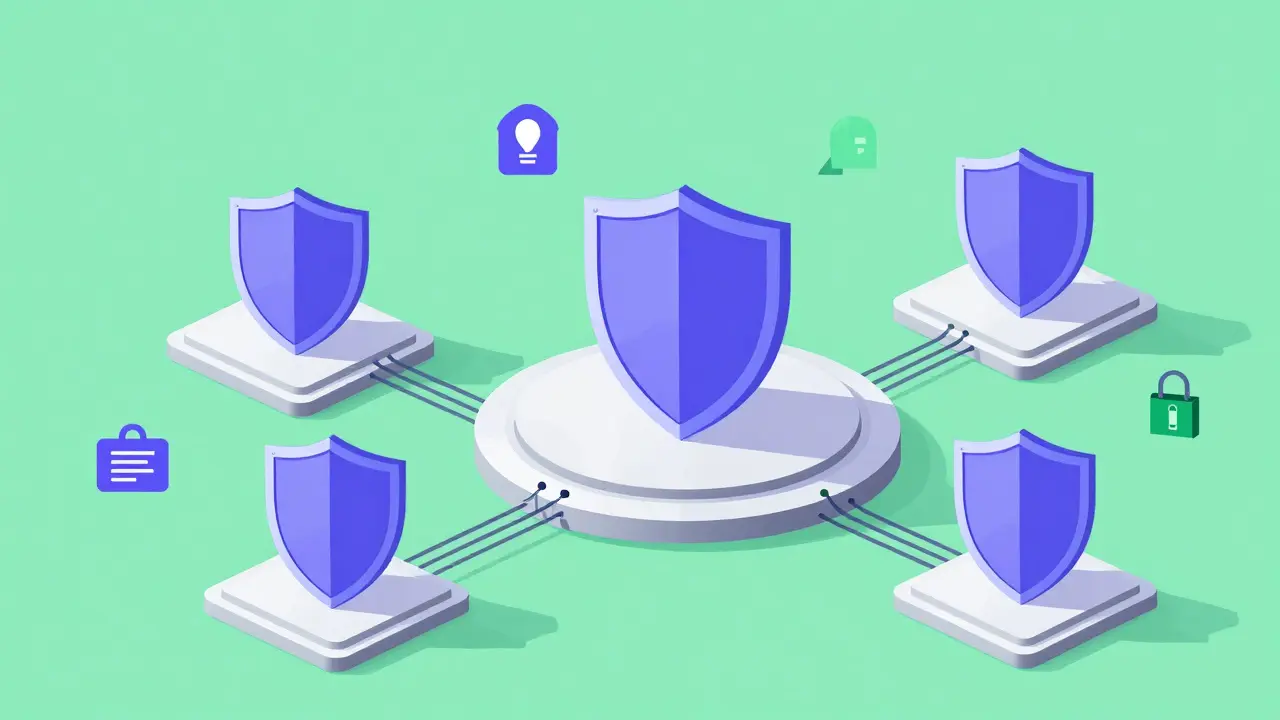 Protective digital shields surrounding critical nodes with safety circuit icons.