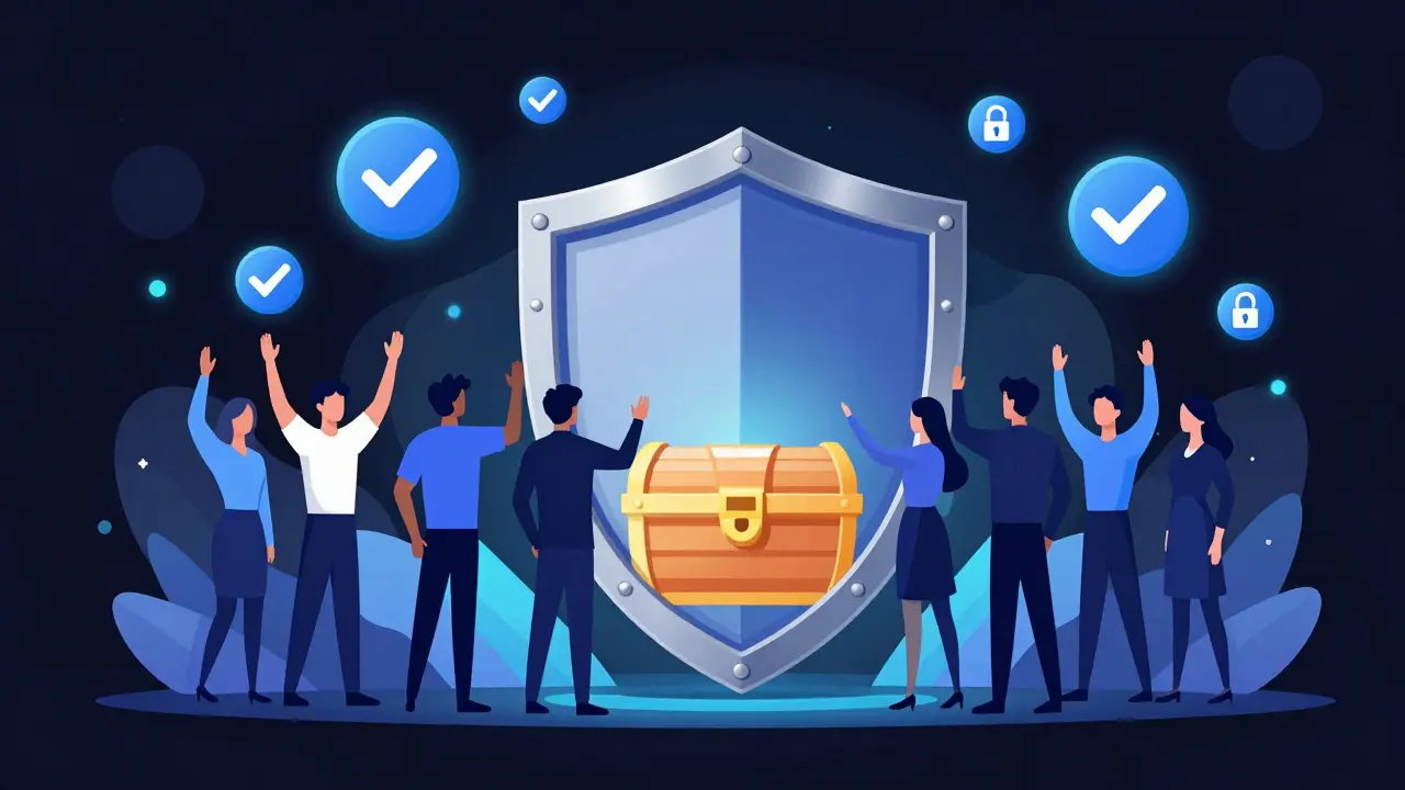 Shield protecting digital assets with voting icons surrounding it.