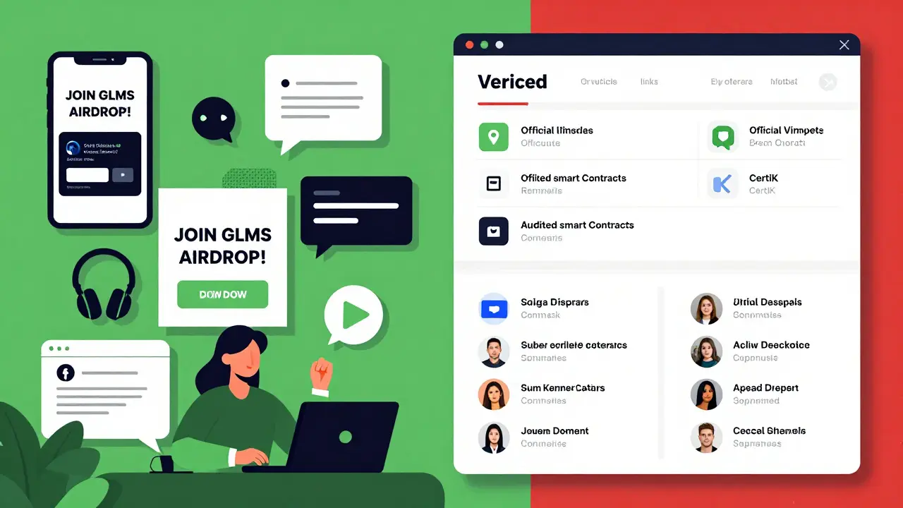 Split-screen: chaotic scam social media vs calm verified project dashboard with audit seals.