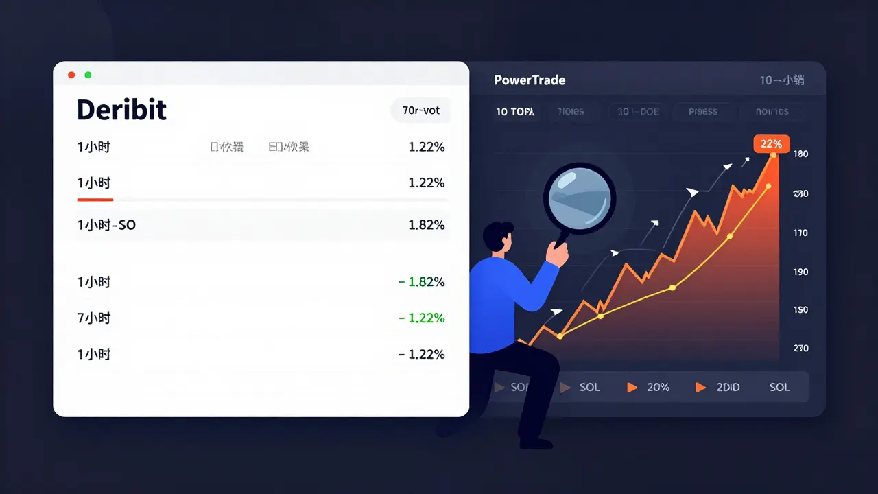 Split-screen comparison of PowerTrade's fast 10-minute options versus slower Deribit interface.