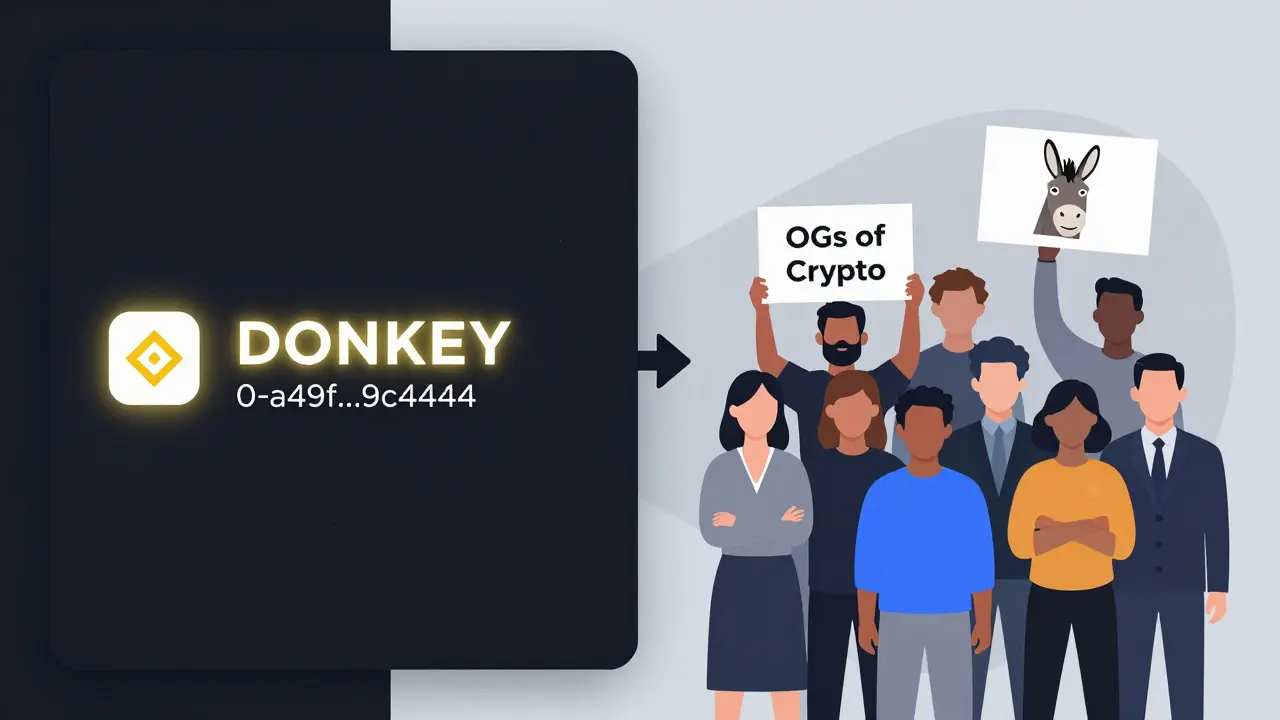 Split-screen vector art showing a BSC contract address on one side and a crowd holding donkey memes on the other, symbolizing community-driven crypto value.