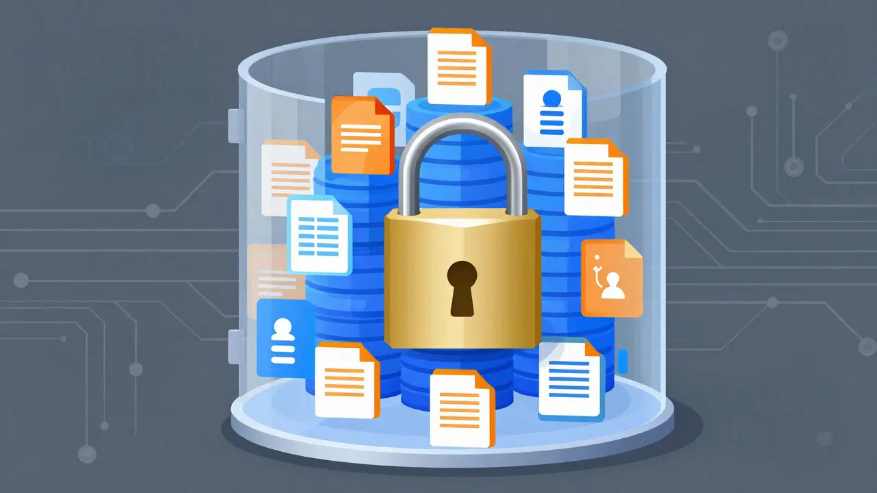 Stacked data cubes inside a secure vault with a large padlock
