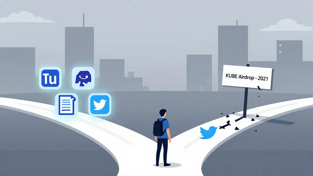 Traveler choosing between active crypto projects and a crumbling KubeCoin scam path.