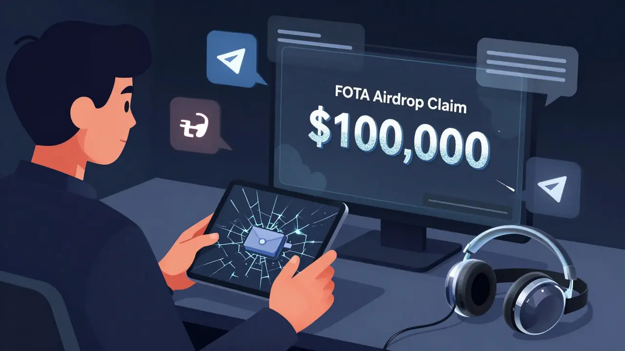 User viewing a fake FOTA airdrop claim on a tablet, surrounded by misleading social media icons and an unused VR headset.