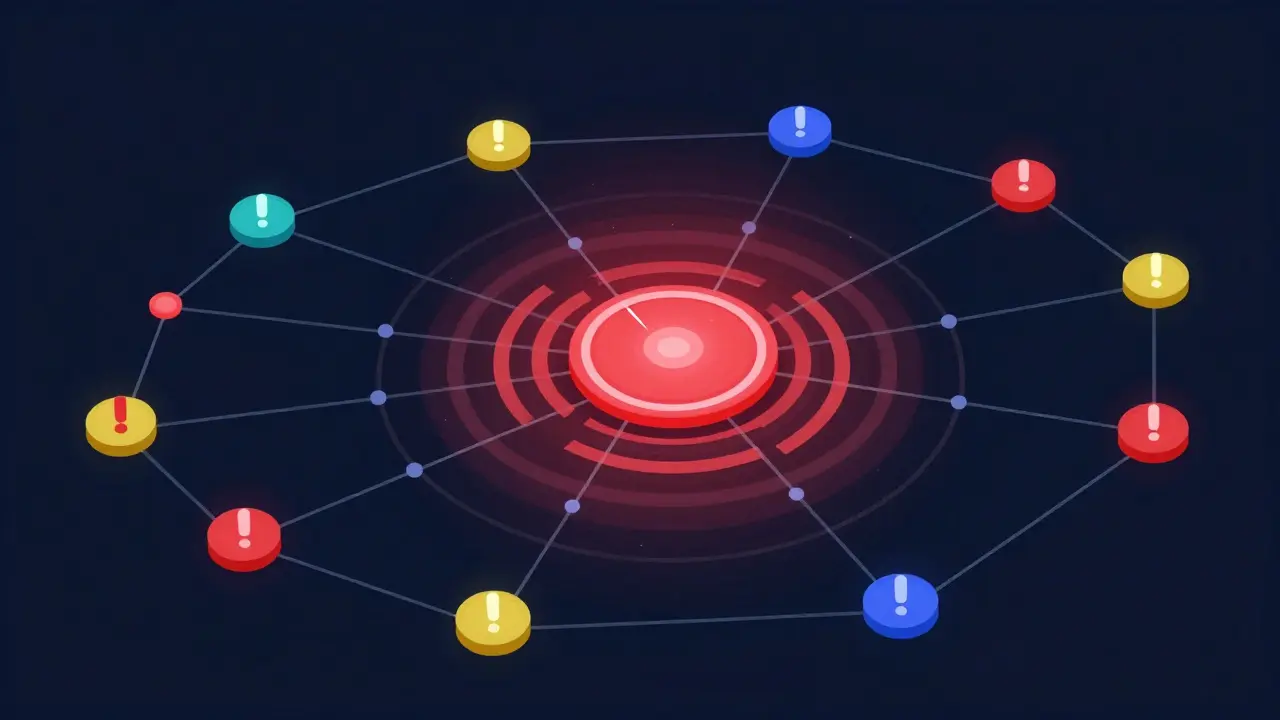 Visual representation of stress waves spreading from one node to others in network.
