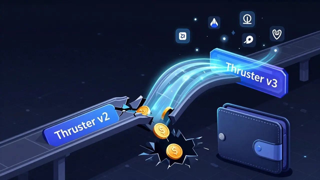 Wallet tokens slipping into void through crumbling Thruster v2 bridge while new Thruster v3 bridge flows with liquidity.