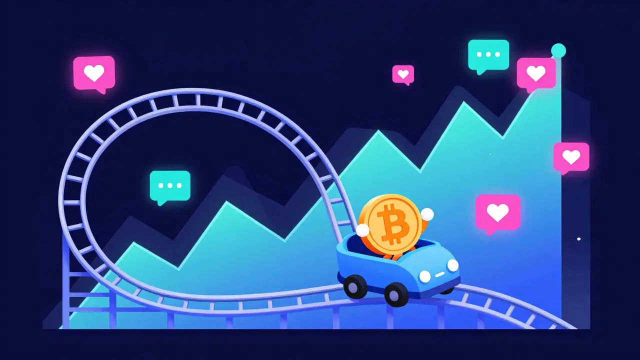 A Baby BitCoin character riding a rollercoaster shaped like a volatile price chart with social media icons.