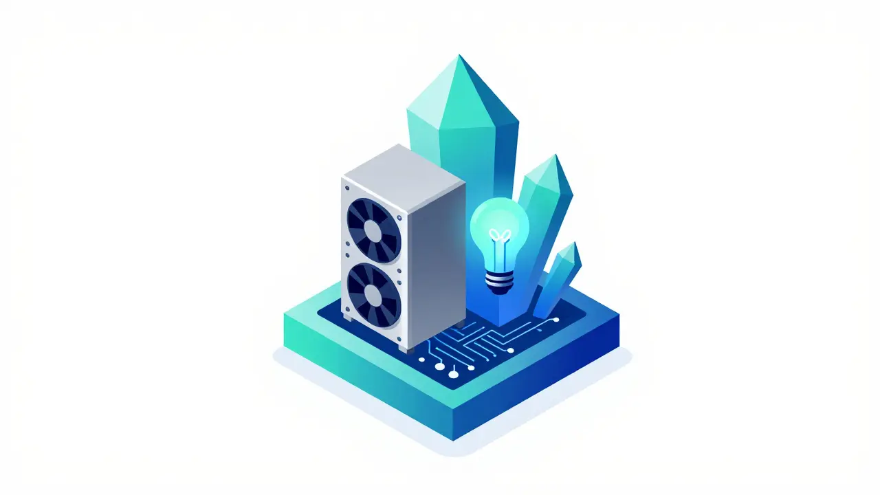 A conceptual vector illustration of a synthetic NFT merging mining hardware and IP rights.
