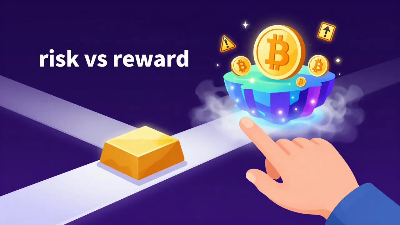 A conceptual vector illustration showing the choice between a stable asset and a risky meme token.