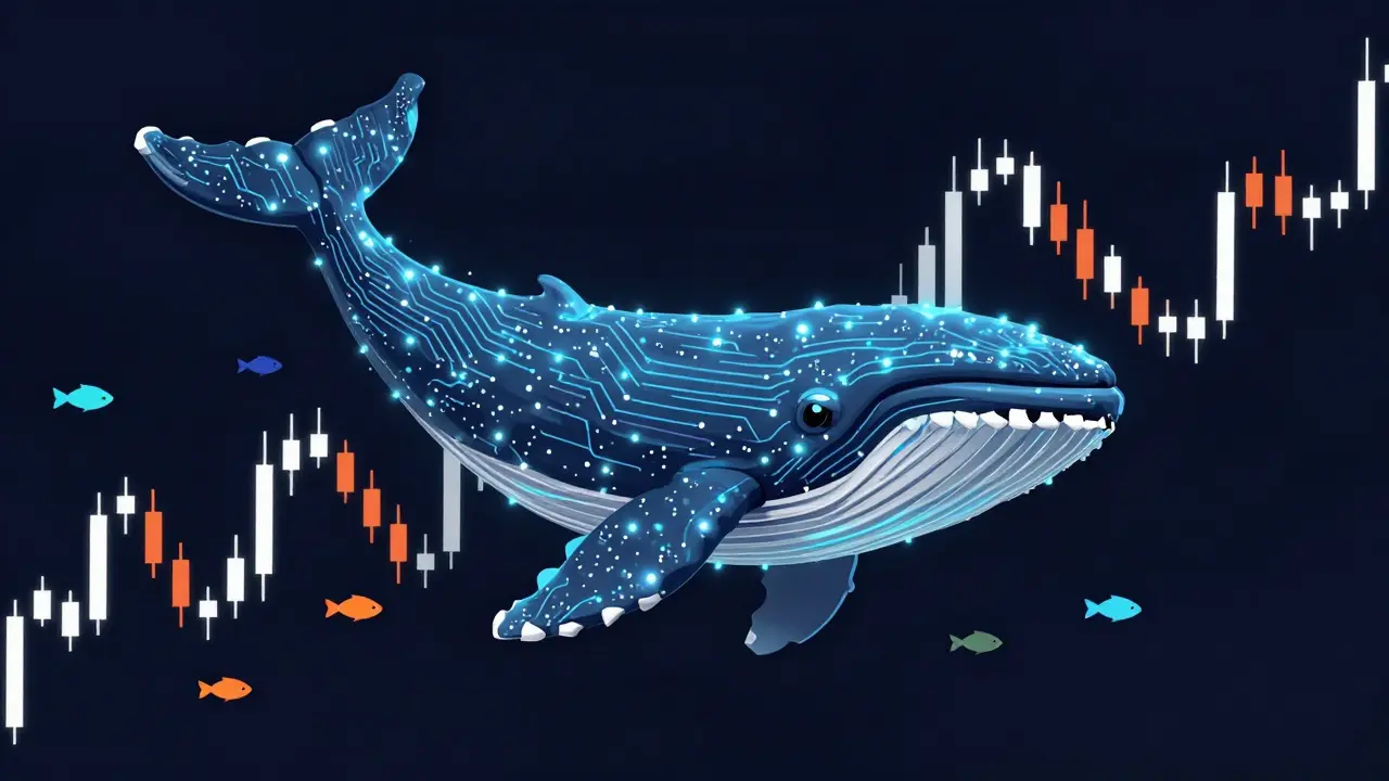 A digital circuit whale swimming among volatile price charts and trend lines.