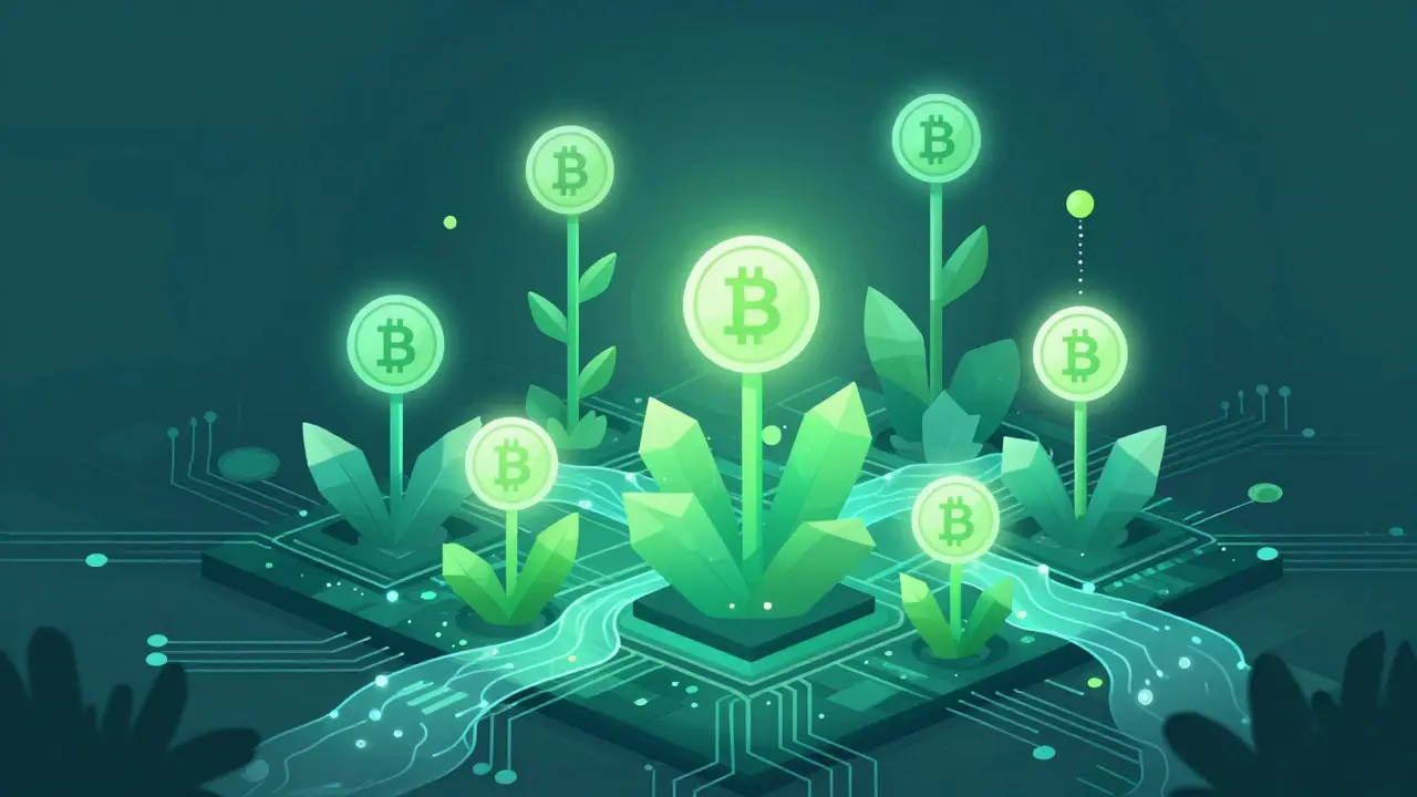 Abstract digital garden with glowing crypto tokens representing yield farming.